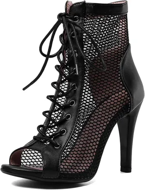 URLECHS Women's Open Toe Hollow Mesh Stiletto Booties,Casual Lace Up Fish Mouth Round Toe Classic Gladiator Ankle Boots Summer Fashion High Heel Sandals