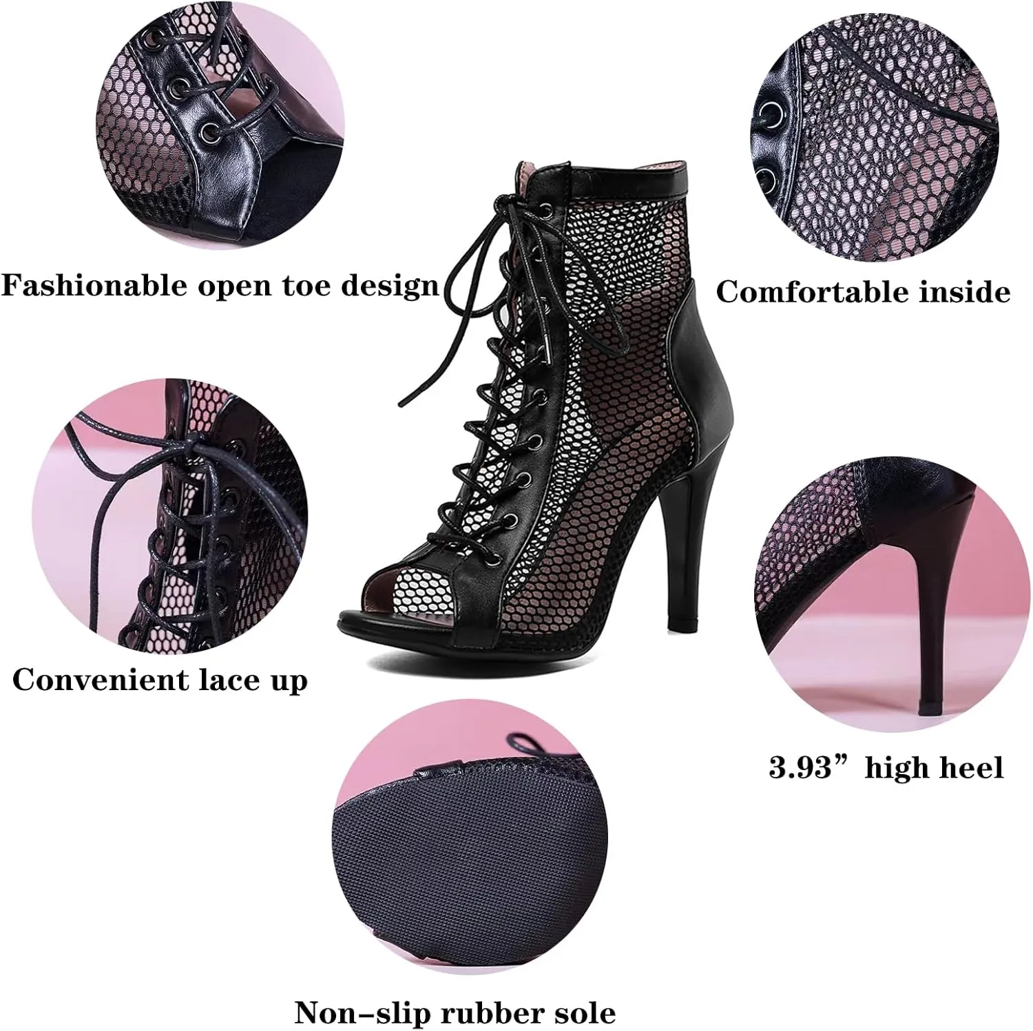 URLECHS Women's Open Toe Hollow Mesh Stiletto Booties,Casual Lace Up Fish Mouth Round Toe Classic Gladiator Ankle Boots Summer Fashion High Heel Sandals