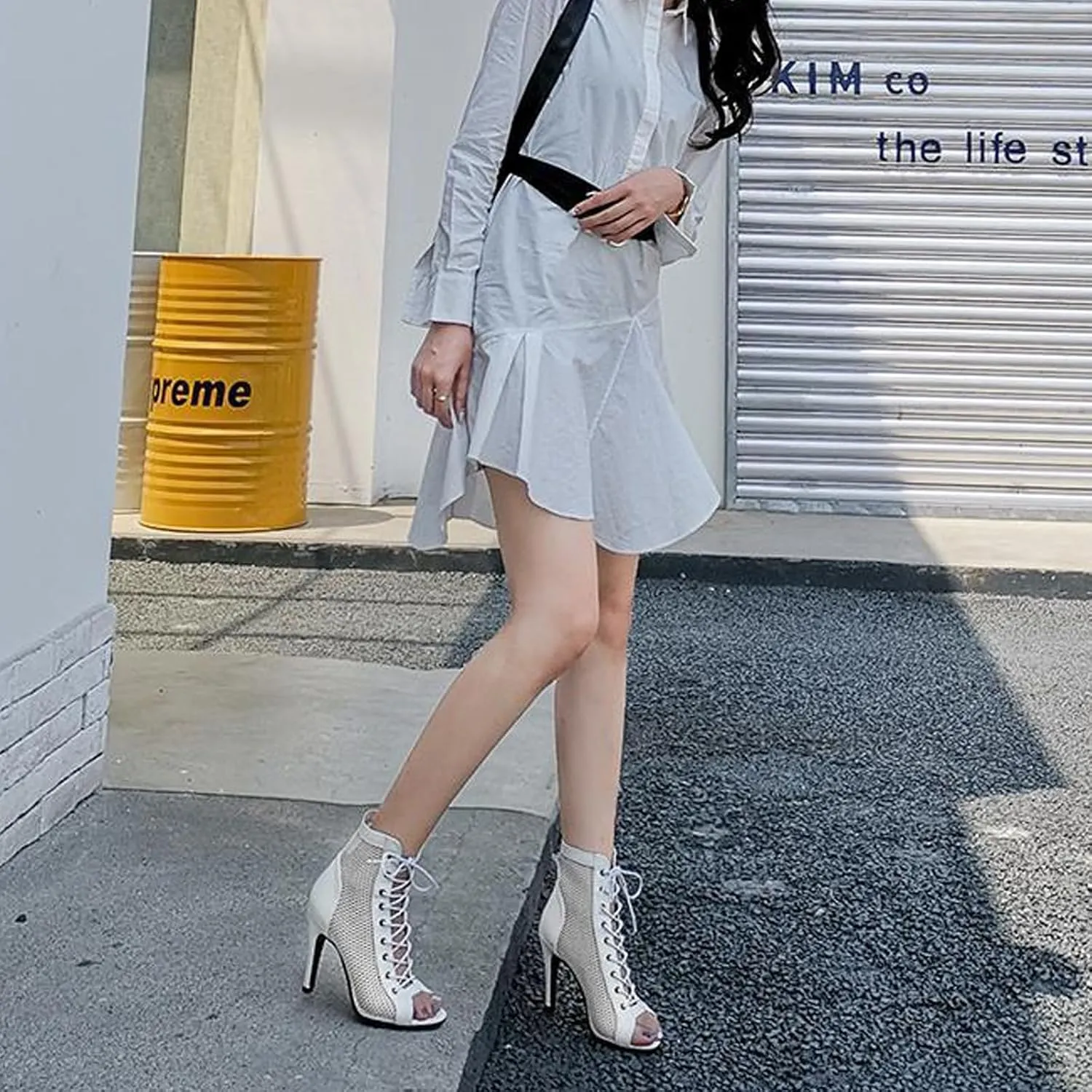 URLECHS Women's Open Toe Hollow Mesh Stiletto Booties,Casual Lace Up Fish Mouth Round Toe Classic Gladiator Ankle Boots Summer Fashion High Heel Sandals