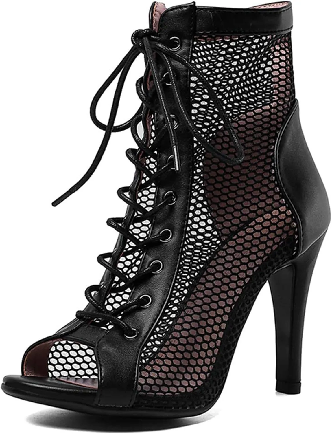 URLECHS Women's Open Toe Hollow Mesh Stiletto Booties,Casual Lace Up Fish Mouth Round Toe Classic Gladiator Ankle Boots Summer Fashion High Heel Sandals