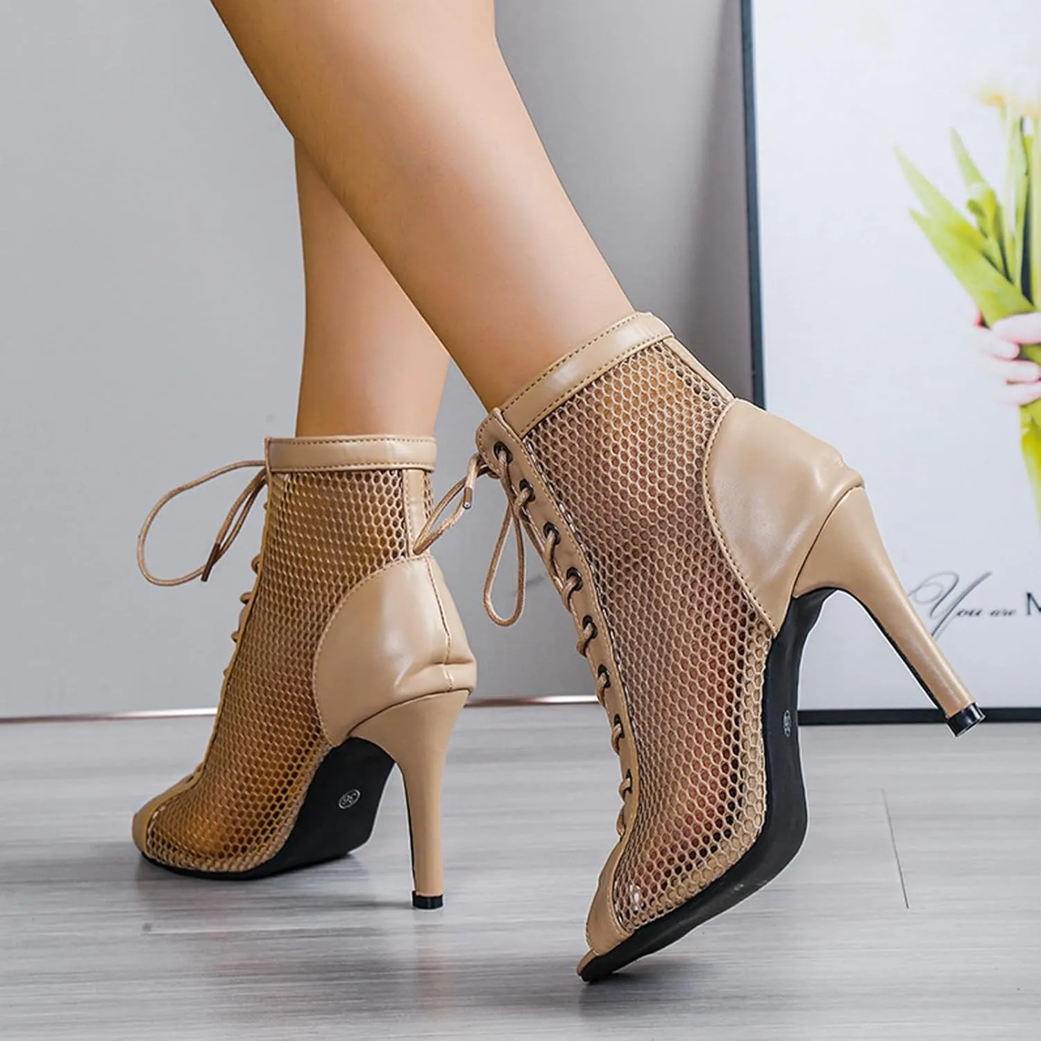 URLECHS Women's Open Toe Hollow Mesh Stiletto Booties,Casual Lace Up Fish Mouth Round Toe Classic Gladiator Ankle Boots Summer Fashion High Heel Sandals
