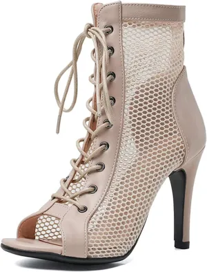 URLECHS Women's Open Toe Hollow Mesh Stiletto Booties,Casual Lace Up Fish Mouth Round Toe Classic Gladiator Ankle Boots Summer Fashion High Heel Sandals