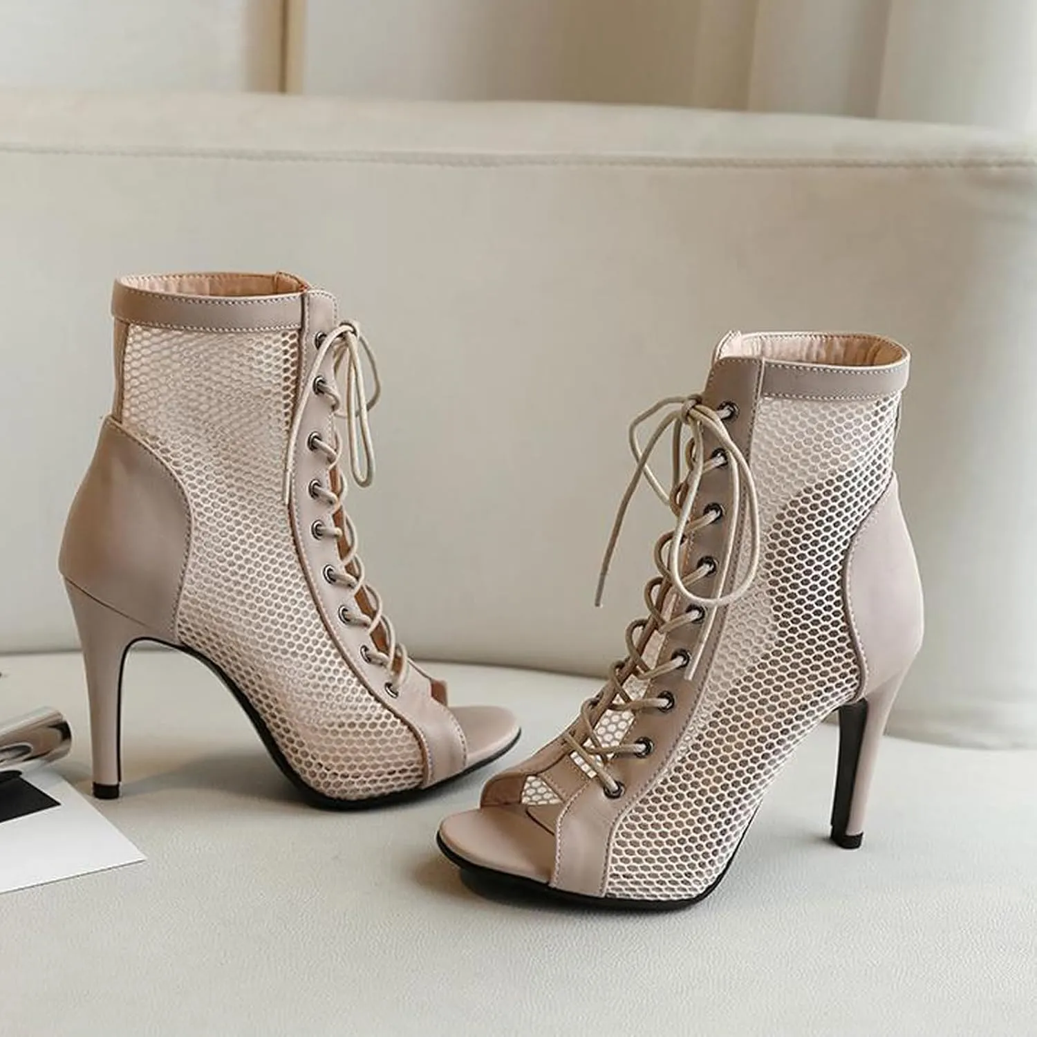 URLECHS Women's Open Toe Hollow Mesh Stiletto Booties,Casual Lace Up Fish Mouth Round Toe Classic Gladiator Ankle Boots Summer Fashion High Heel Sandals