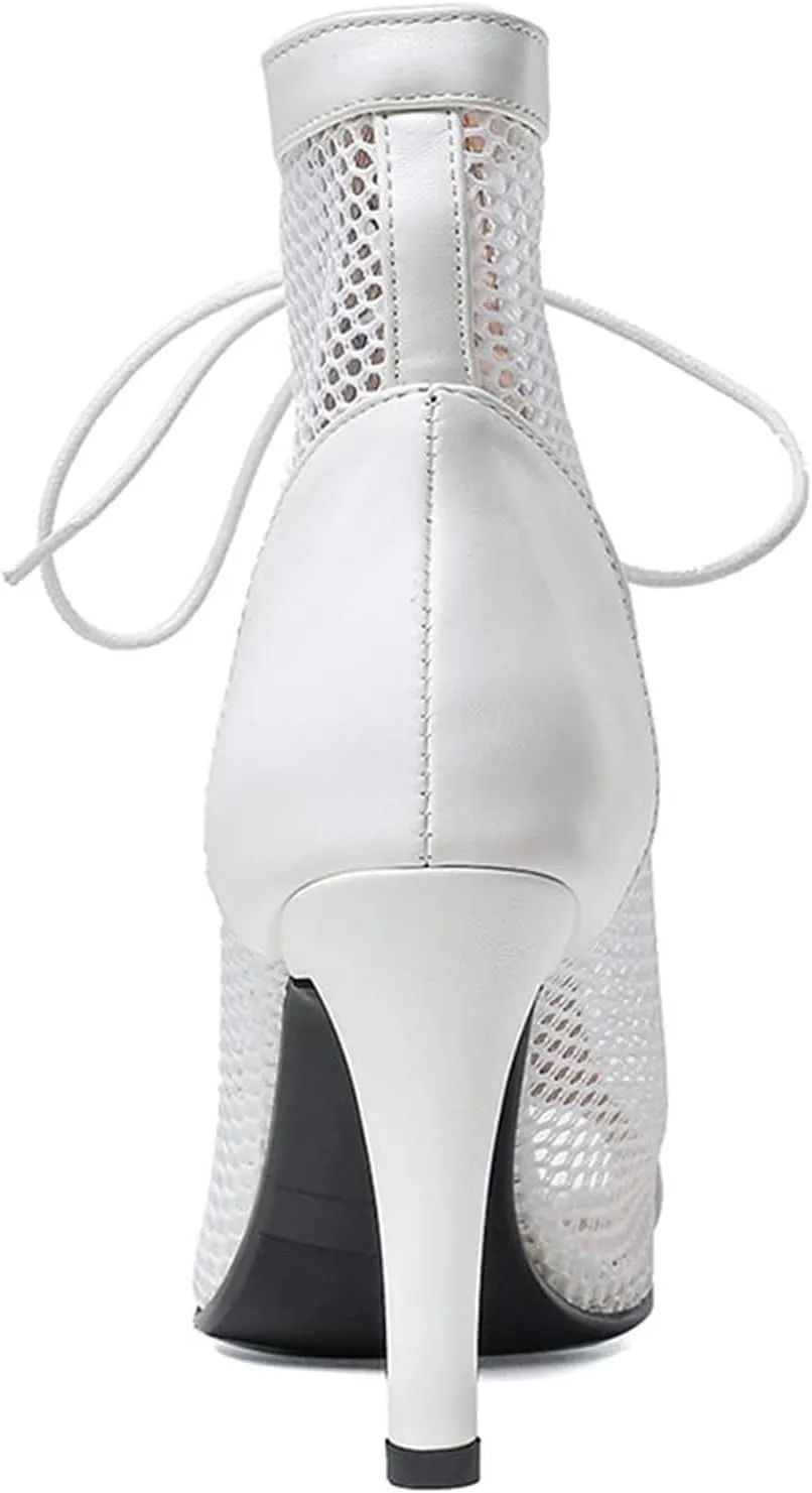 URLECHS Women's Open Toe Hollow Mesh Stiletto Booties,Casual Lace Up Fish Mouth Round Toe Classic Gladiator Ankle Boots Summer Fashion High Heel Sandals