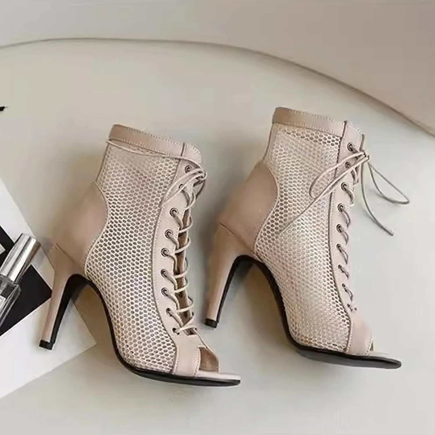 URLECHS Women's Open Toe Hollow Mesh Stiletto Booties,Casual Lace Up Fish Mouth Round Toe Classic Gladiator Ankle Boots Summer Fashion High Heel Sandals