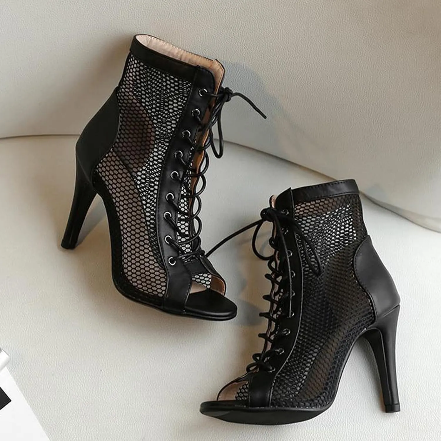 URLECHS Women's Open Toe Hollow Mesh Stiletto Booties,Casual Lace Up Fish Mouth Round Toe Classic Gladiator Ankle Boots Summer Fashion High Heel Sandals
