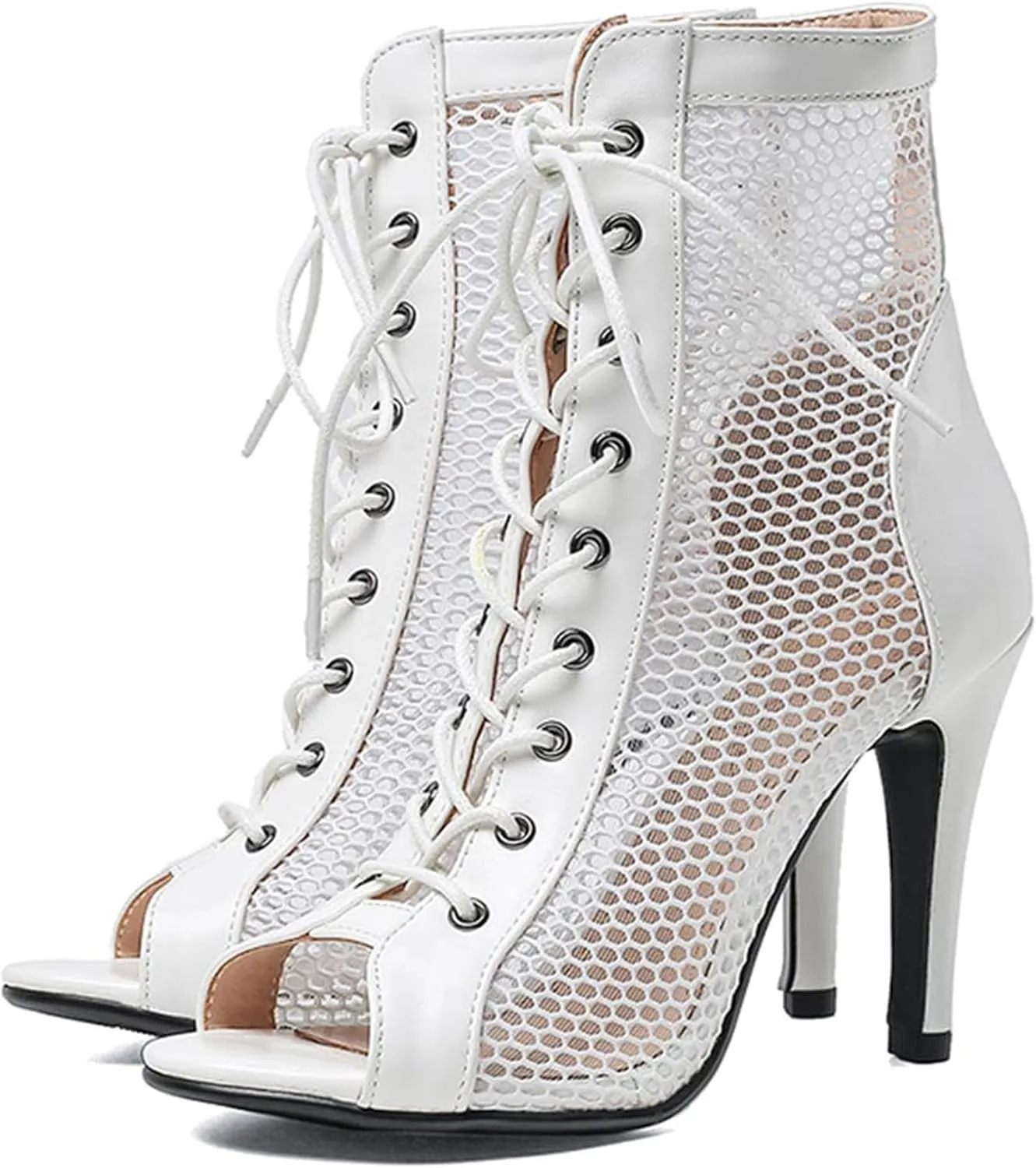 URLECHS Women's Open Toe Hollow Mesh Stiletto Booties,Casual Lace Up Fish Mouth Round Toe Classic Gladiator Ankle Boots Summer Fashion High Heel Sandals