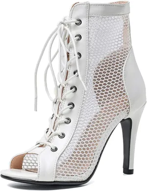 URLECHS Women's Open Toe Hollow Mesh Stiletto Booties,Casual Lace Up Fish Mouth Round Toe Classic Gladiator Ankle Boots Summer Fashion High Heel Sandals