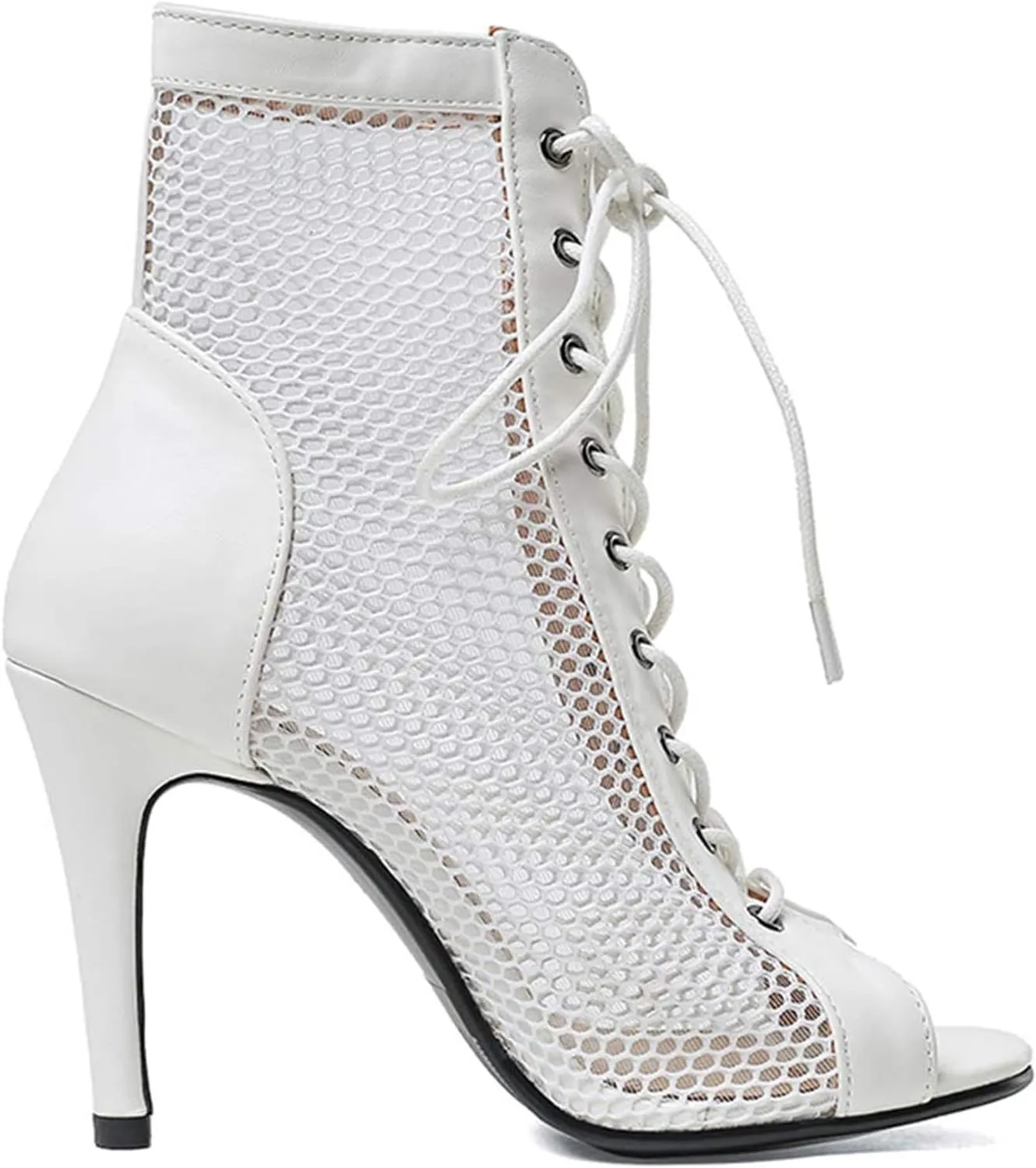 URLECHS Women's Open Toe Hollow Mesh Stiletto Booties,Casual Lace Up Fish Mouth Round Toe Classic Gladiator Ankle Boots Summer Fashion High Heel Sandals