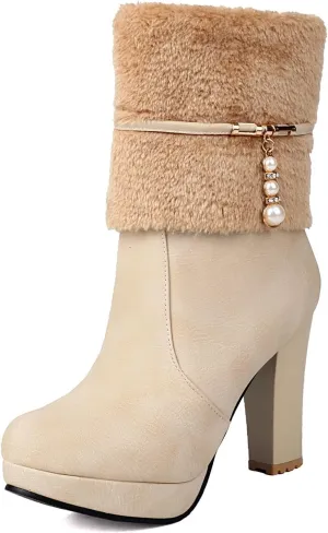 UTIKLIOU Women's Ankle Boots Platform Boots Side Zip Chunky Heel Booties with Fur Round Toe Leather Winter Boots for Women