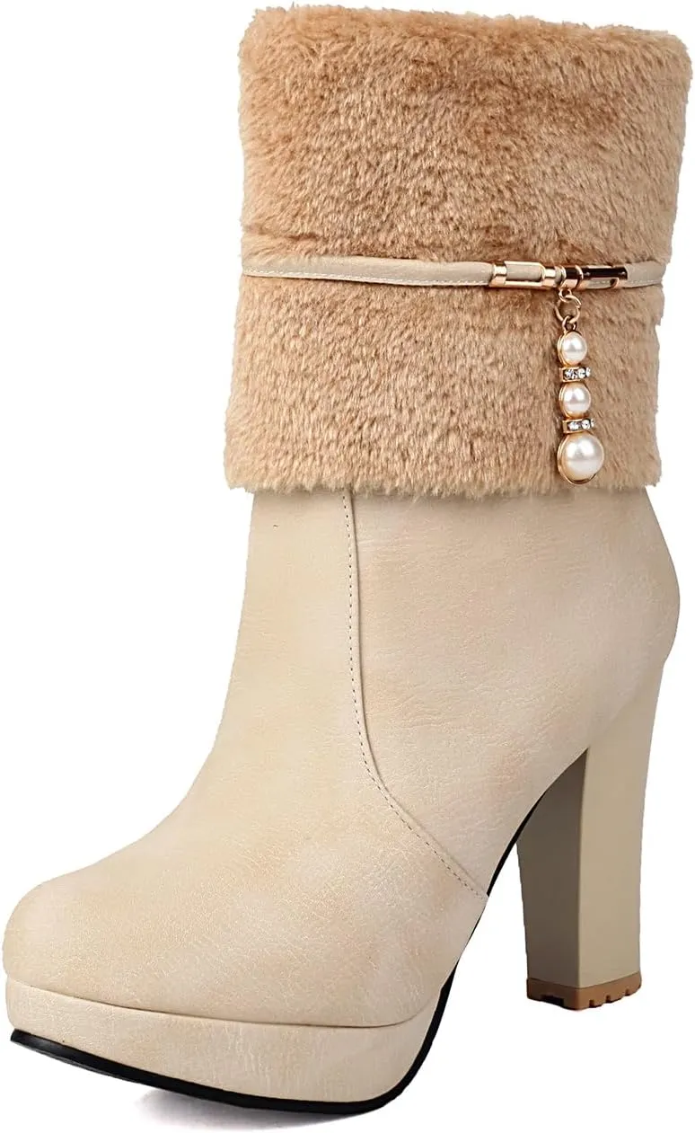 UTIKLIOU Women's Ankle Boots Platform Boots Side Zip Chunky Heel Booties with Fur Round Toe Leather Winter Boots for Women