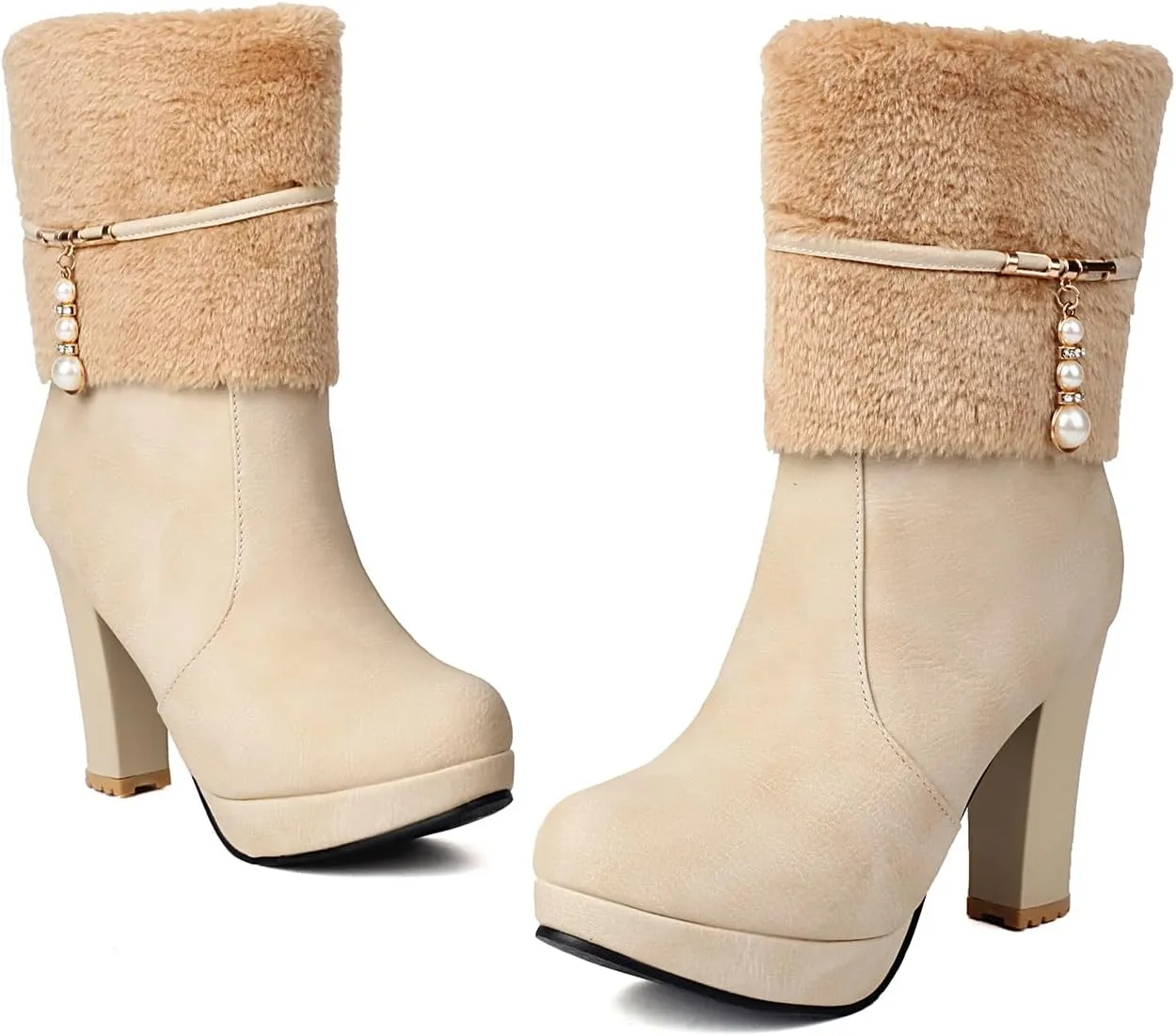 UTIKLIOU Women's Ankle Boots Platform Boots Side Zip Chunky Heel Booties with Fur Round Toe Leather Winter Boots for Women