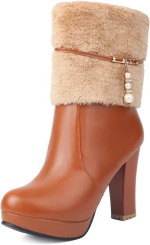 UTIKLIOU Women's Ankle Boots Platform Boots Side Zip Chunky Heel Booties with Fur Round Toe Leather Winter Boots for Women