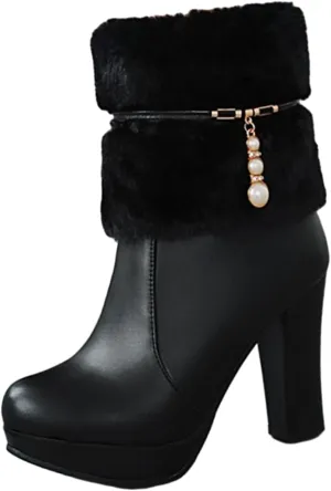 UTIKLIOU Women's Ankle Boots Platform Boots Side Zip Chunky Heel Booties with Fur Round Toe Leather Winter Boots for Women