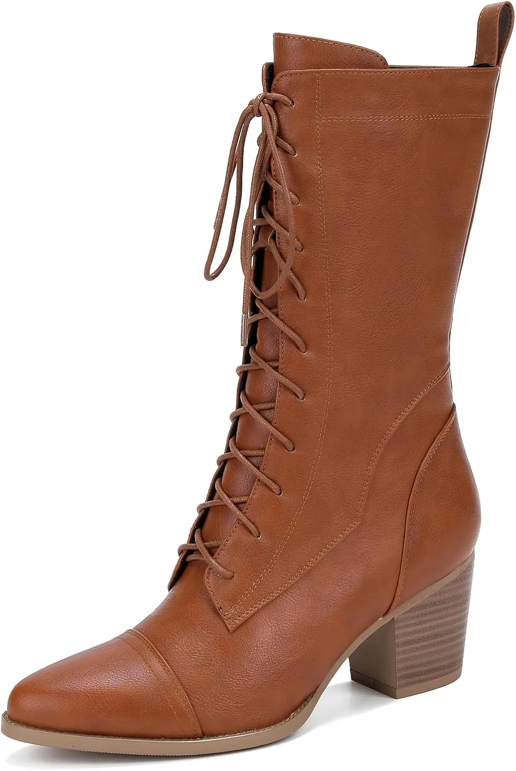 UTIKLIOU Women's Mid Calf Boots Lace up Combat Boots Leather Side Zipper Winter Boots Faux Fur Lining