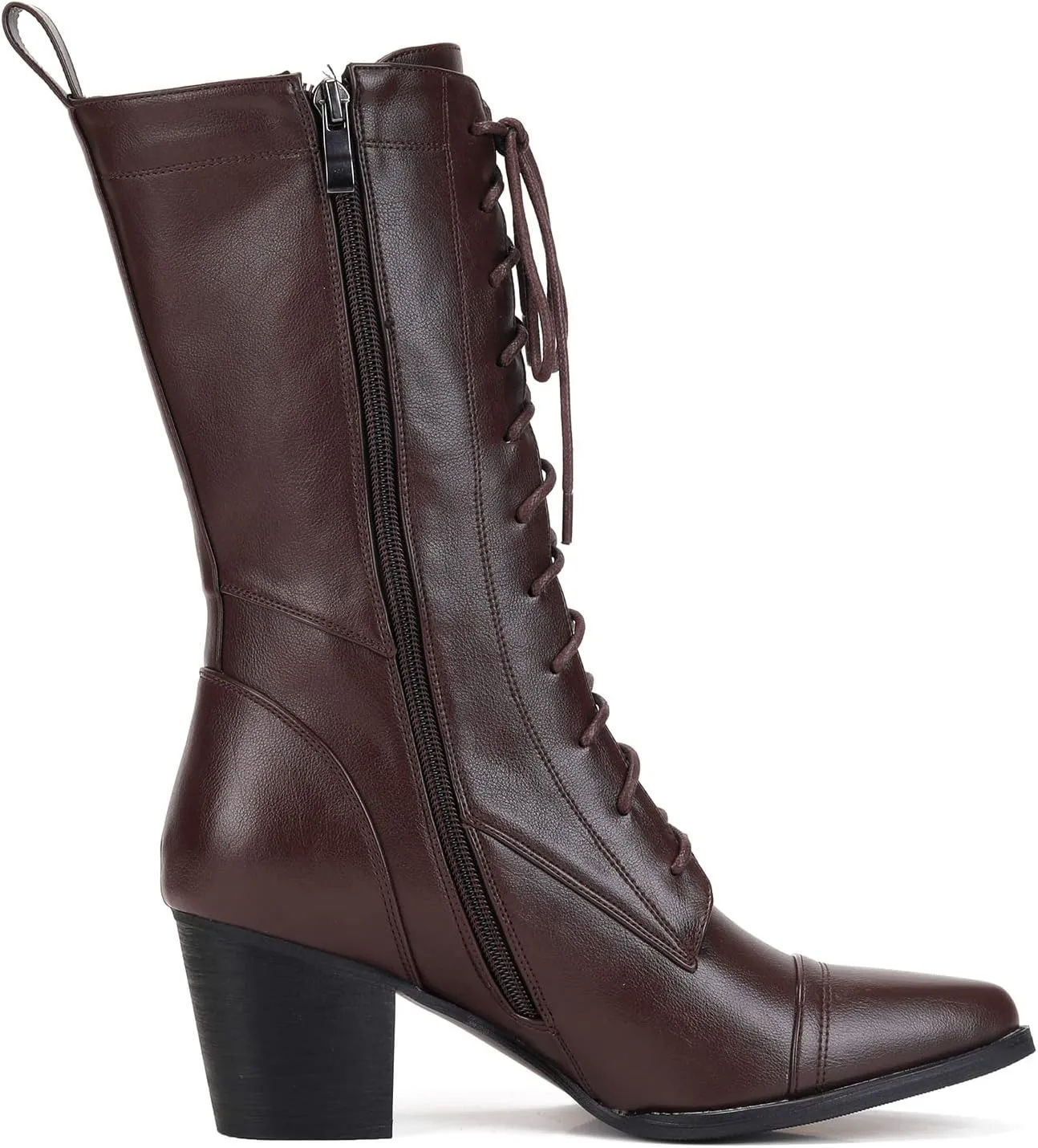 UTIKLIOU Women's Mid Calf Boots Lace up Combat Boots Leather Side Zipper Winter Boots Faux Fur Lining