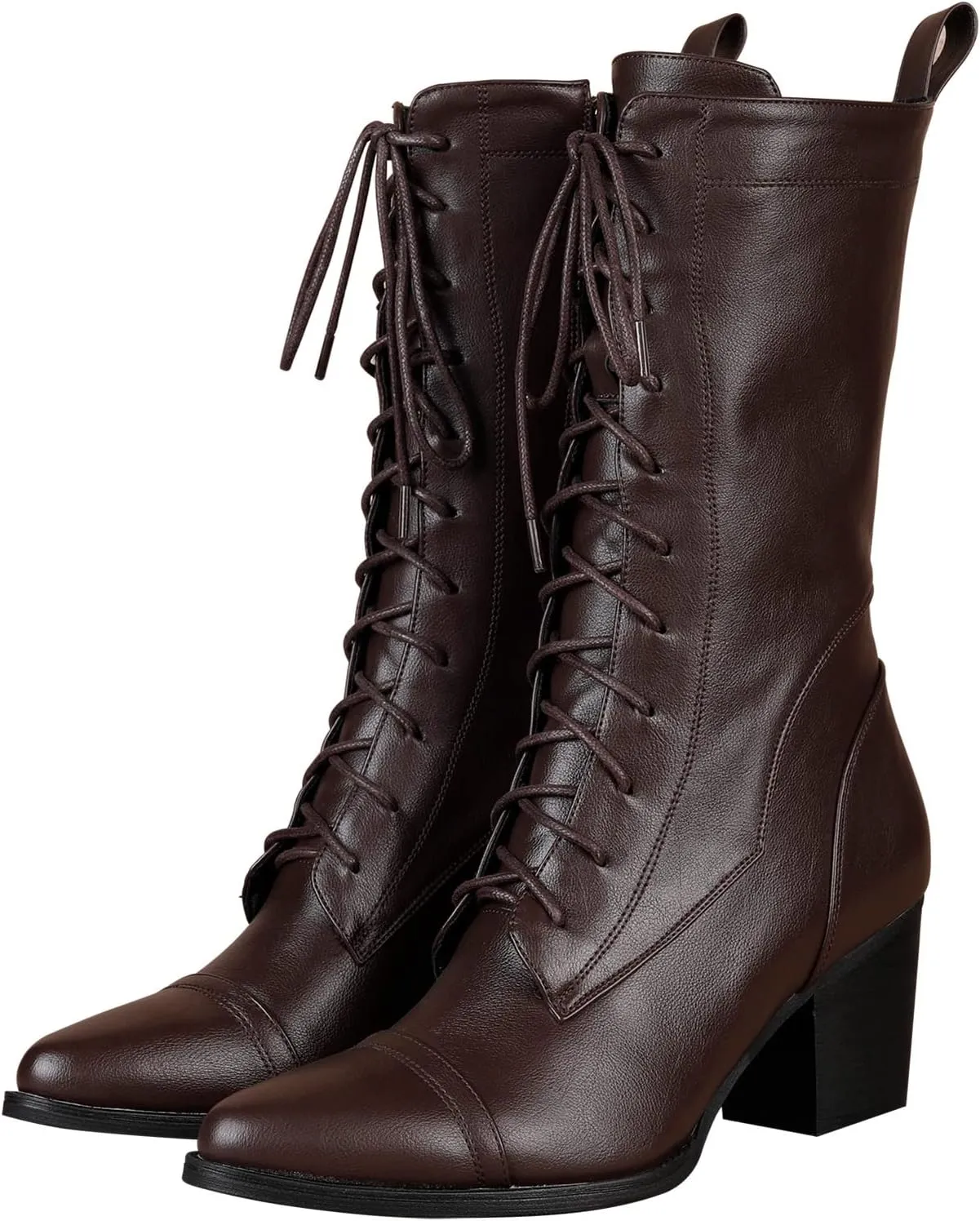 UTIKLIOU Women's Mid Calf Boots Lace up Combat Boots Leather Side Zipper Winter Boots Faux Fur Lining