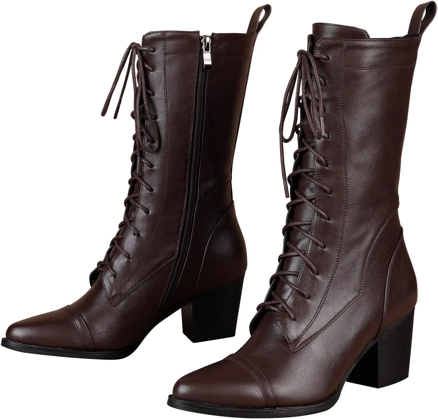 UTIKLIOU Women's Mid Calf Boots Lace up Combat Boots Leather Side Zipper Winter Boots Faux Fur Lining
