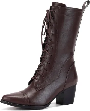 UTIKLIOU Women's Mid Calf Boots Lace up Combat Boots Leather Side Zipper Winter Boots Faux Fur Lining