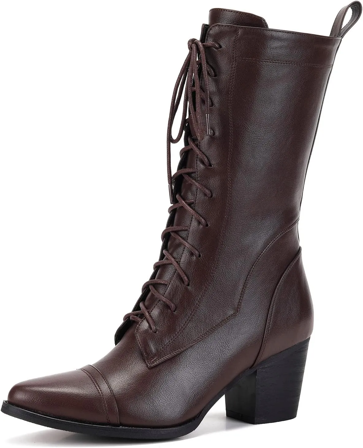 UTIKLIOU Women's Mid Calf Boots Lace up Combat Boots Leather Side Zipper Winter Boots Faux Fur Lining