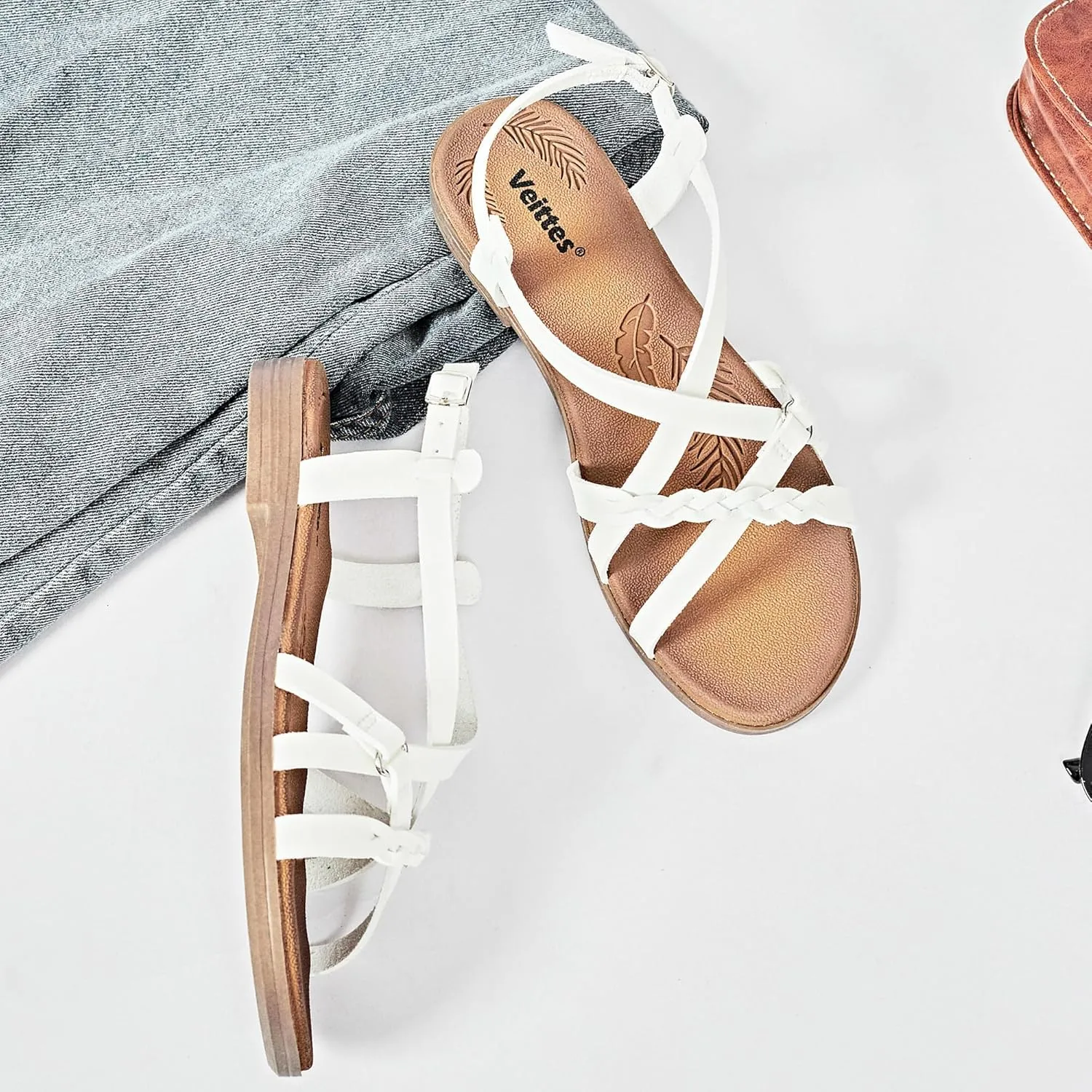 Veittes Women's Flat Slide Sandals-Adjustable Double Elastic Bands,Crossover Straps,Fashion Casual Summer Flat Sandals.