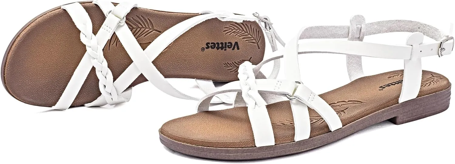 Veittes Women's Flat Slide Sandals-Adjustable Double Elastic Bands,Crossover Straps,Fashion Casual Summer Flat Sandals.