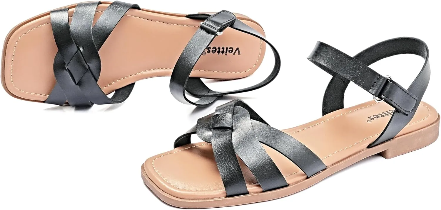 Veittes Women's Flat Slide Sandals-Casual Ladies Flat Summer Sandals.