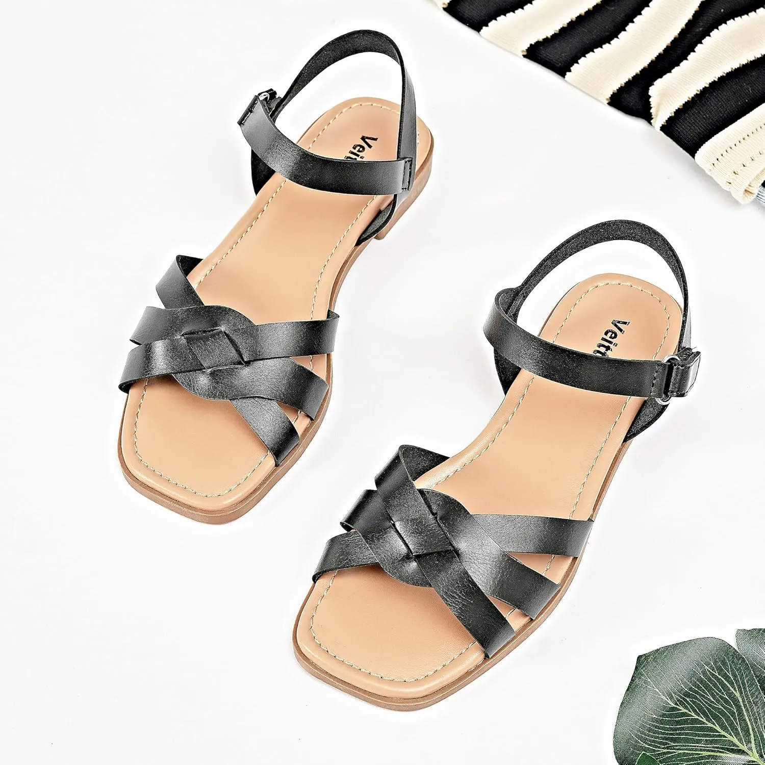 Veittes Women's Flat Slide Sandals-Casual Ladies Flat Summer Sandals.
