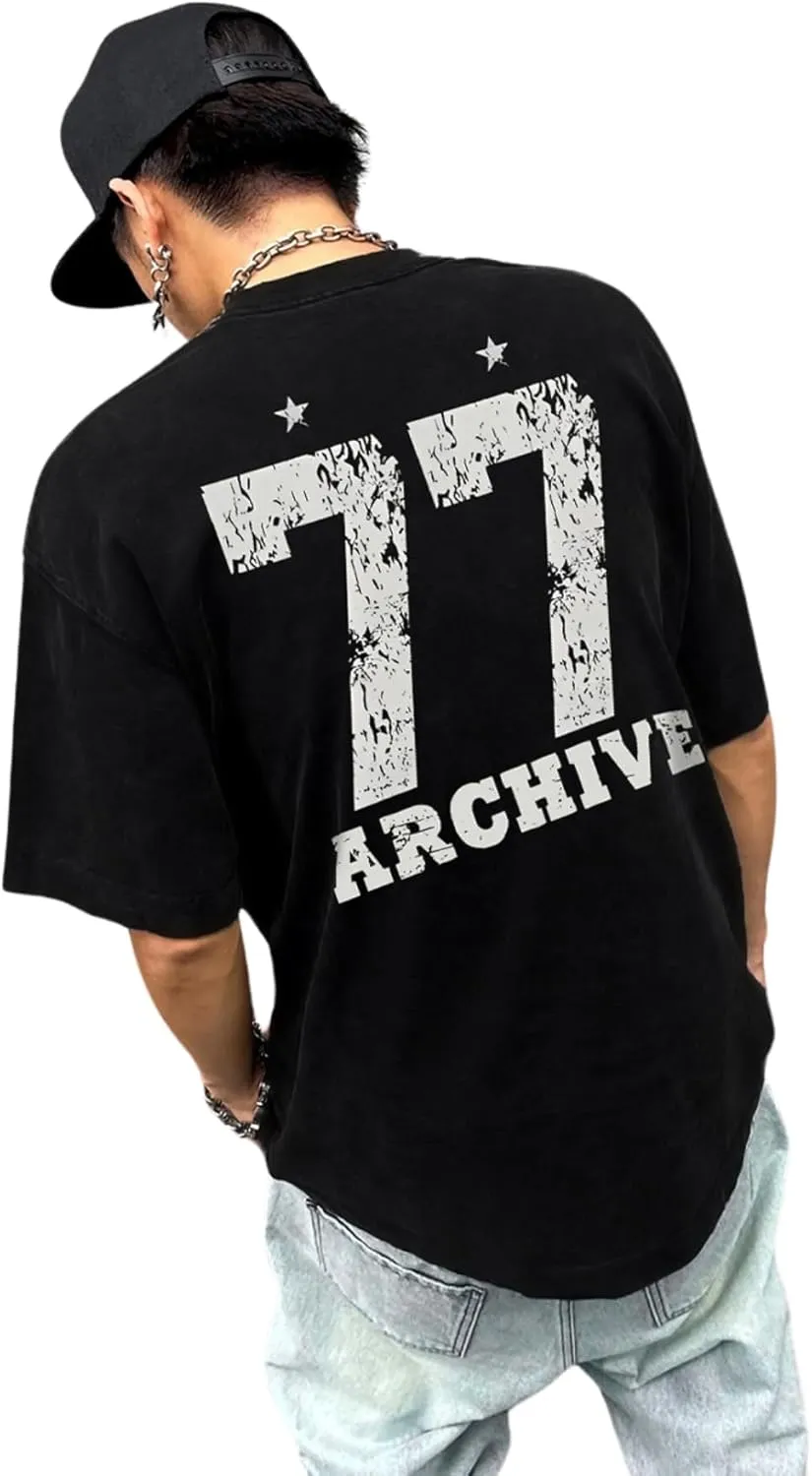 Verdusa Men's Oversized Faded Short Sleeve Jersey Shirts Letter Graphic Crew Neck T Shirts