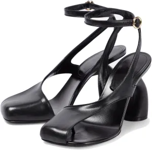 Vertundy Women's Flip Flop Heels High Heeled Sandals Leather Chunky Square Toe Adjustable Ankle Strap Buckle Thong Heeled Sandals