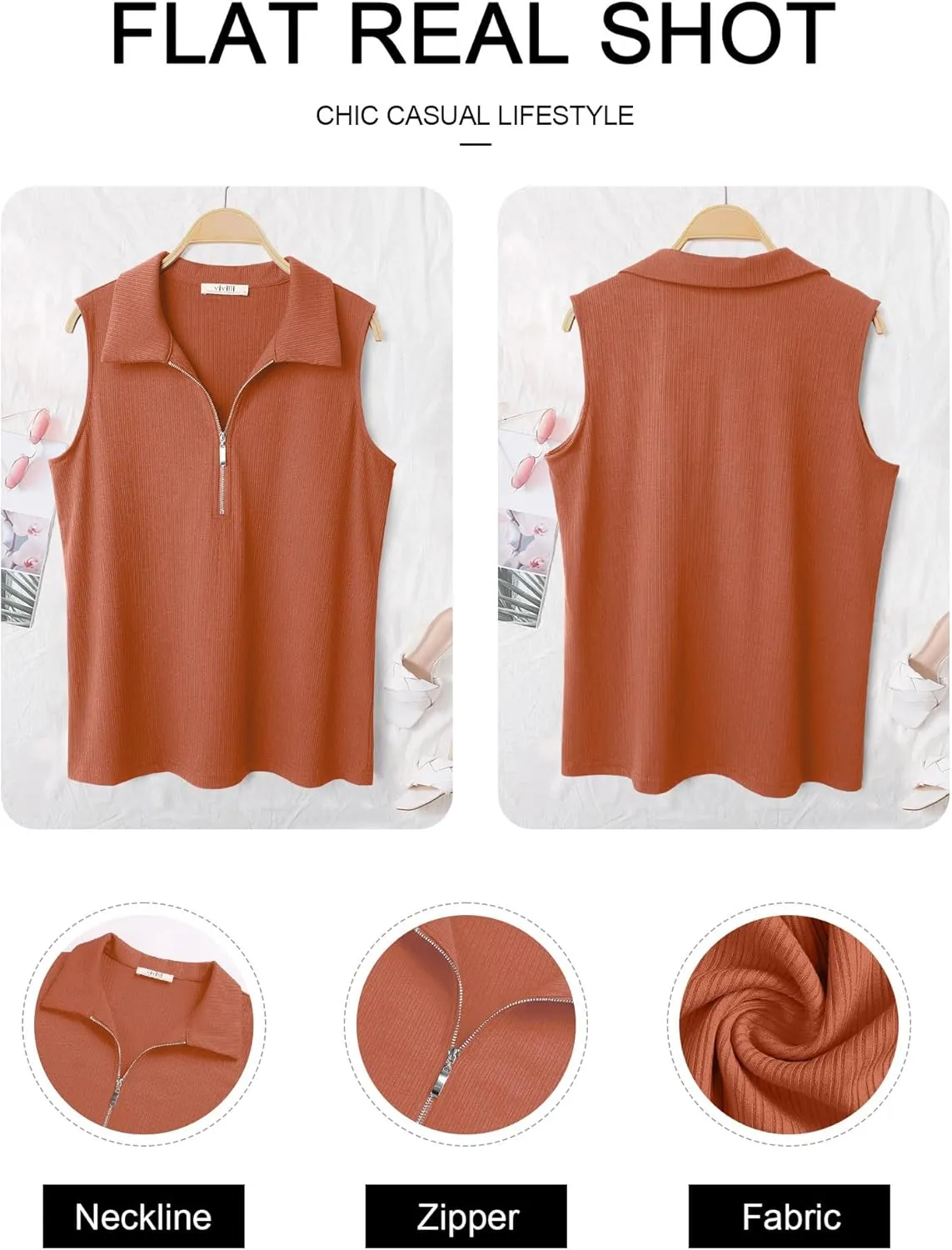 Vivilli Womens Ribbed Tank Top Zipper V Neck Dressy Casual Blouses Sleeveless Camisole Tops Work Tank Polo Shirts