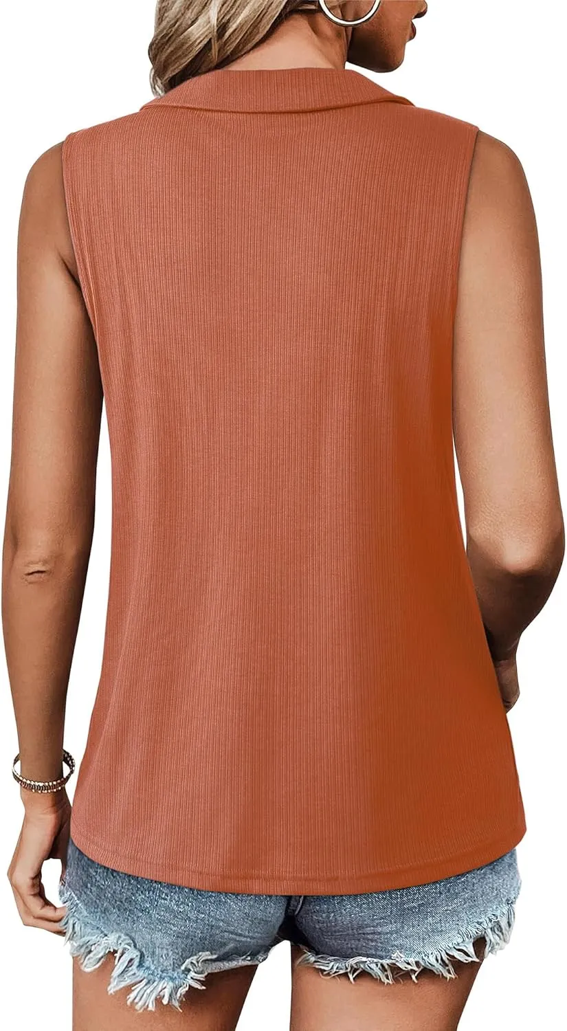 Vivilli Womens Ribbed Tank Top Zipper V Neck Dressy Casual Blouses Sleeveless Camisole Tops Work Tank Polo Shirts