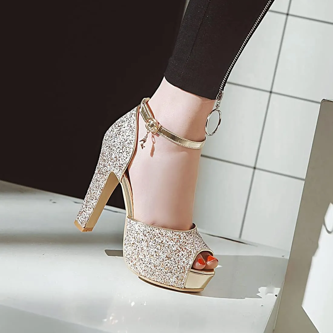 VOKLIN MISTU Women's Fashion Glitter Platform High Heel Dressy Sandals Peep Toe Party Evening Pump Heeled Sandal