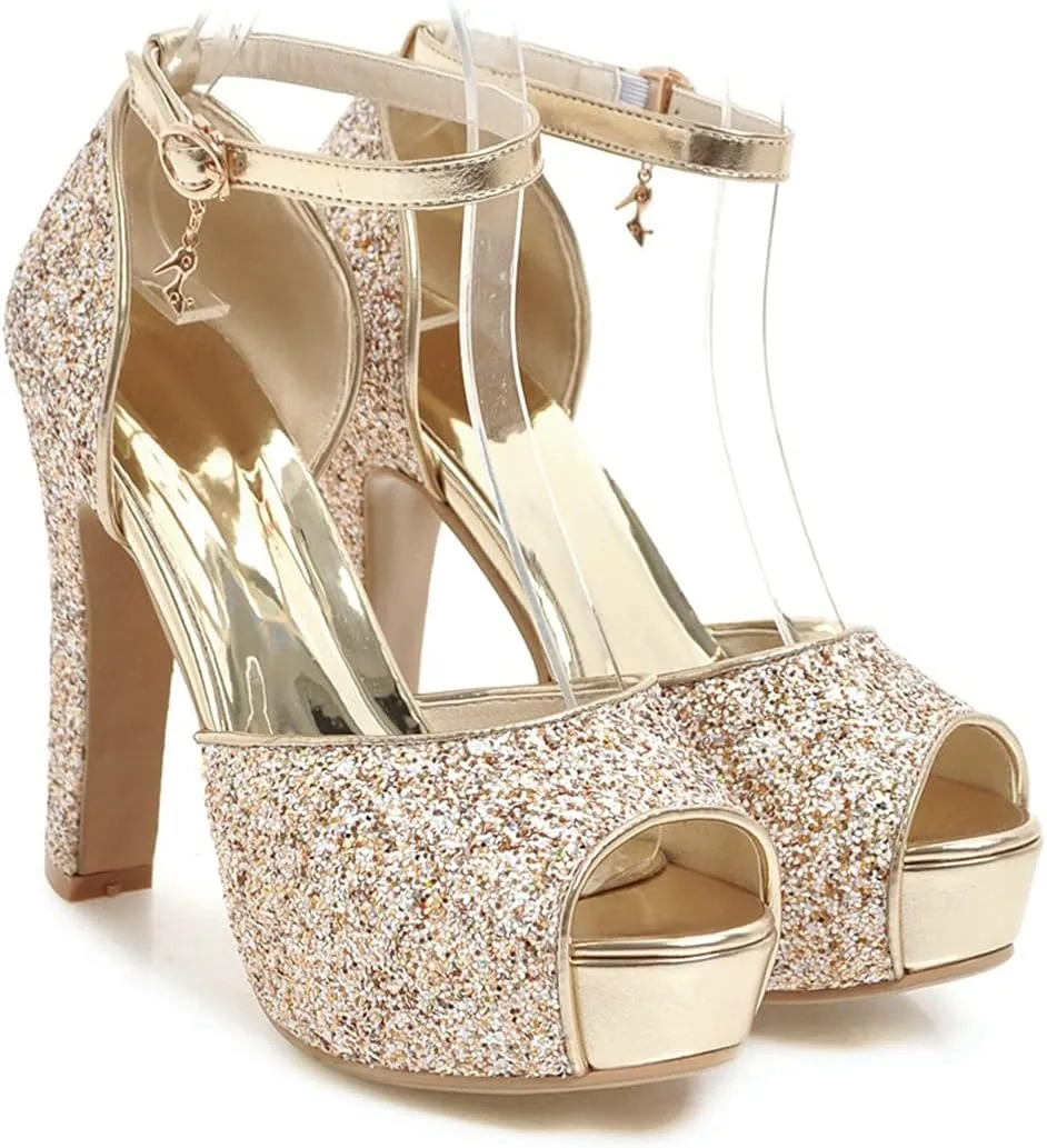 VOKLIN MISTU Women's Fashion Glitter Platform High Heel Dressy Sandals Peep Toe Party Evening Pump Heeled Sandal