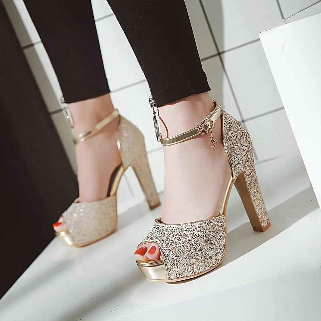 VOKLIN MISTU Women's Fashion Glitter Platform High Heel Dressy Sandals Peep Toe Party Evening Pump Heeled Sandal