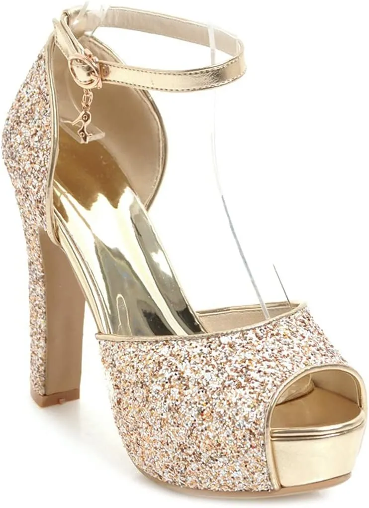 VOKLIN MISTU Women's Fashion Glitter Platform High Heel Dressy Sandals Peep Toe Party Evening Pump Heeled Sandal