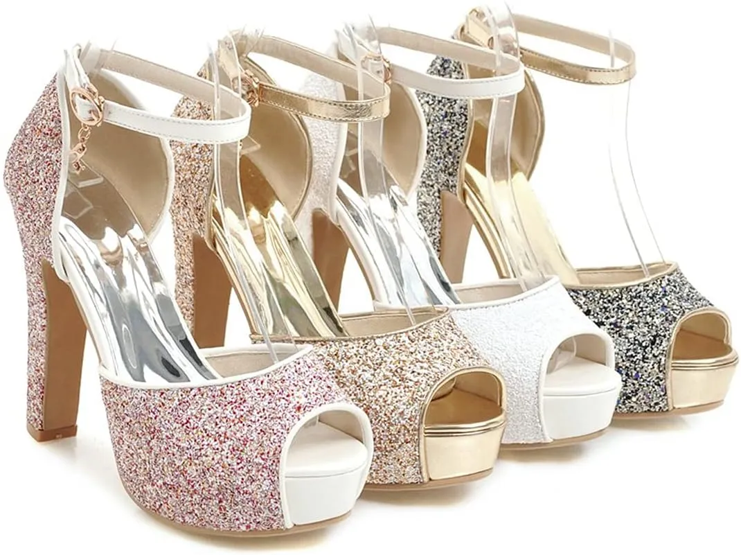 VOKLIN MISTU Women's Fashion Glitter Platform High Heel Dressy Sandals Peep Toe Party Evening Pump Heeled Sandal