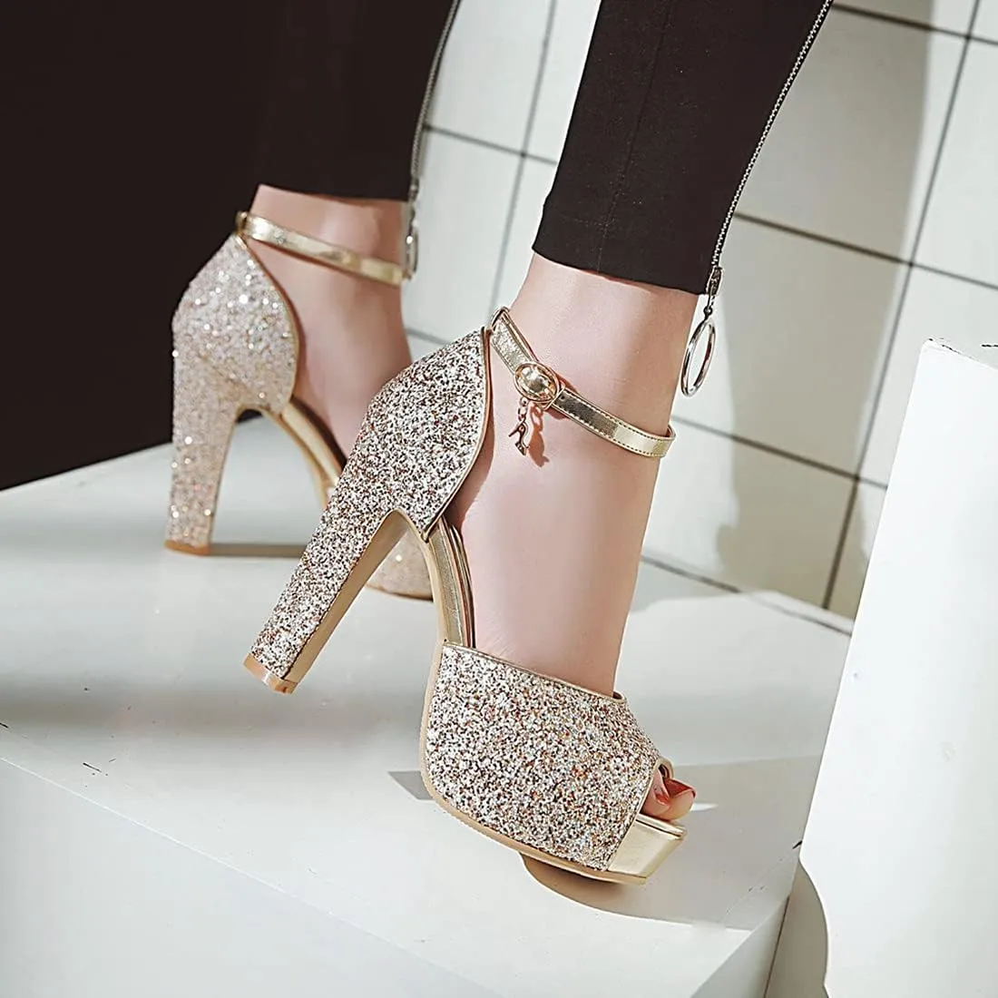 VOKLIN MISTU Women's Fashion Glitter Platform High Heel Dressy Sandals Peep Toe Party Evening Pump Heeled Sandal