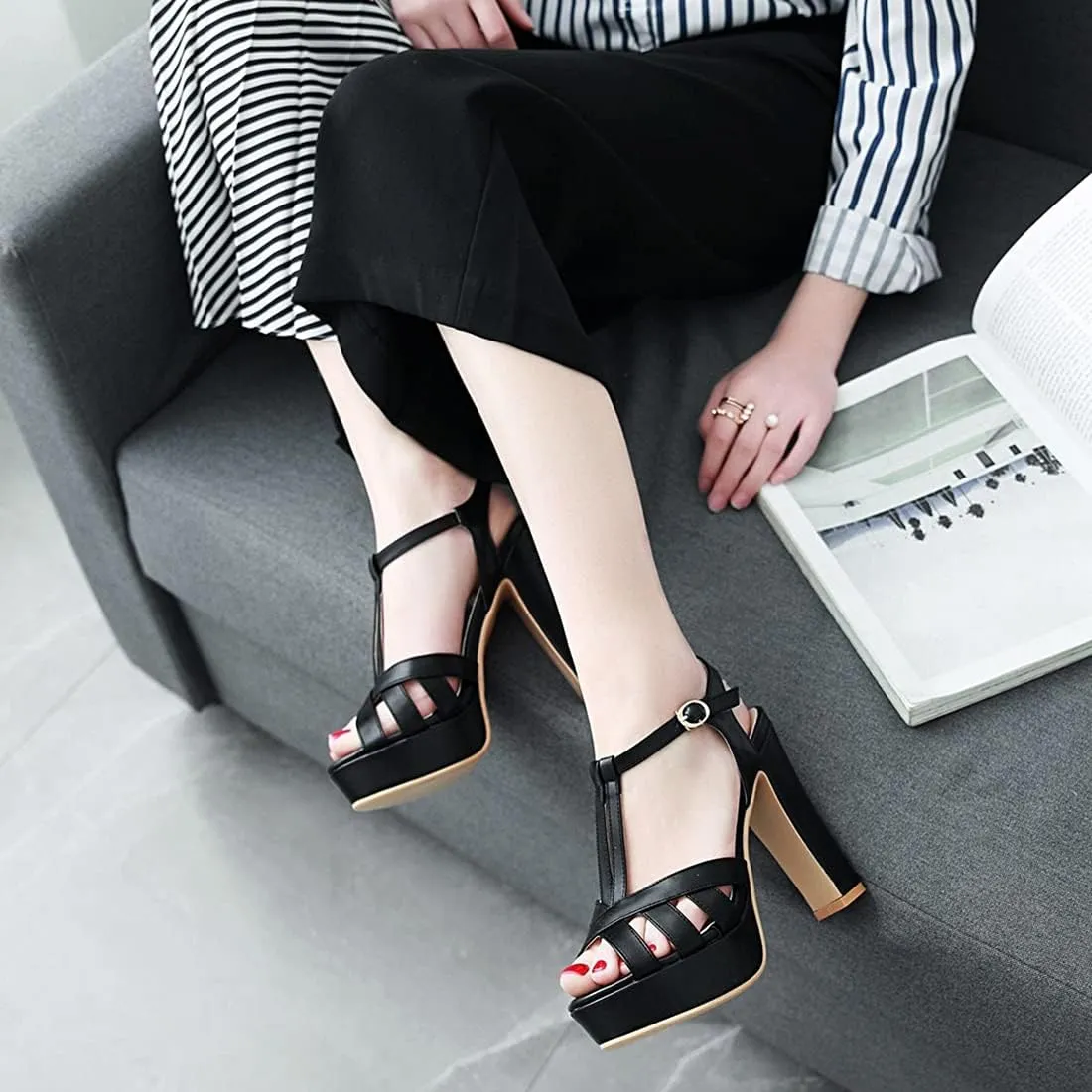 VOKLIN MISTU Women's Fashion T-strap Peep Toe Platform High Heel Sandals Party Evening Pump Dressy Heeled Sandal