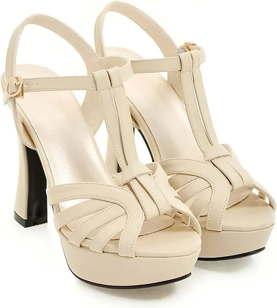 VOKLIN MISTU Women's Fashion T-strap Peep Toe Platform High Heel Sandals Party Evening Pump Dressy Heeled Sandal