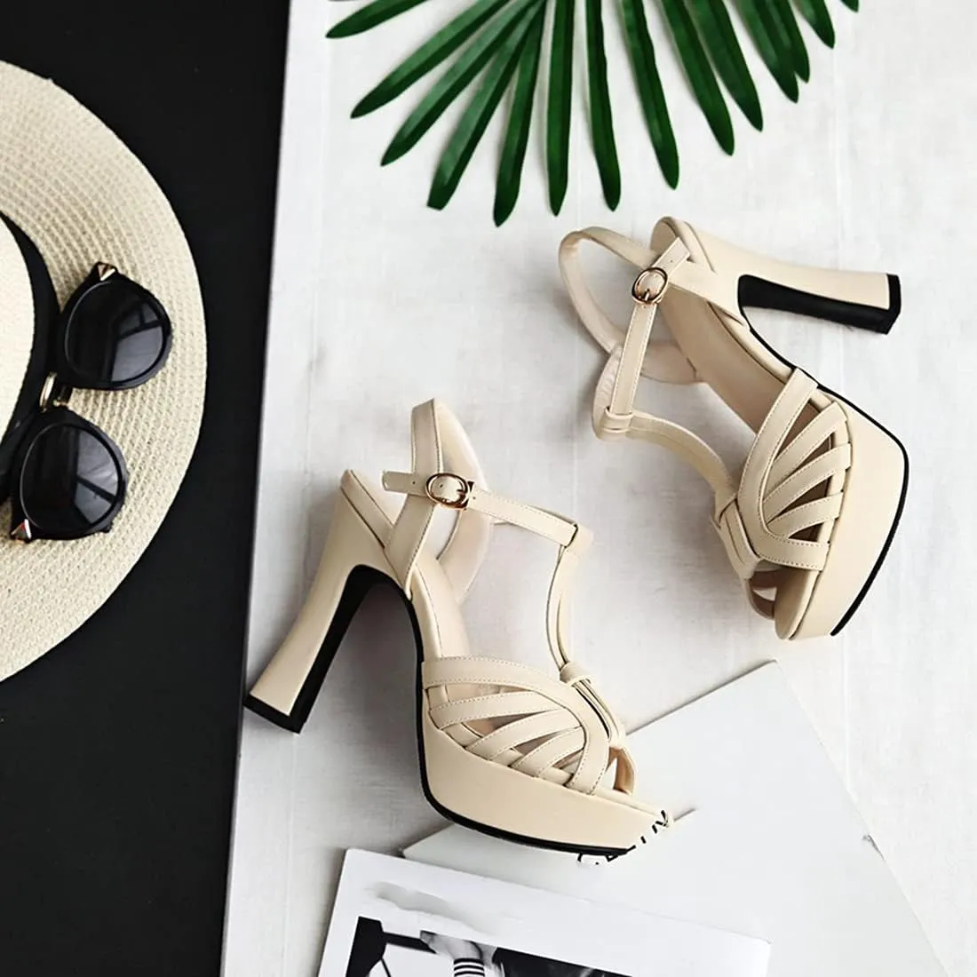 VOKLIN MISTU Women's Fashion T-strap Peep Toe Platform High Heel Sandals Party Evening Pump Dressy Heeled Sandal