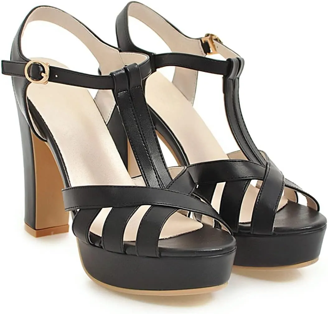 VOKLIN MISTU Women's Fashion T-strap Peep Toe Platform High Heel Sandals Party Evening Pump Dressy Heeled Sandal