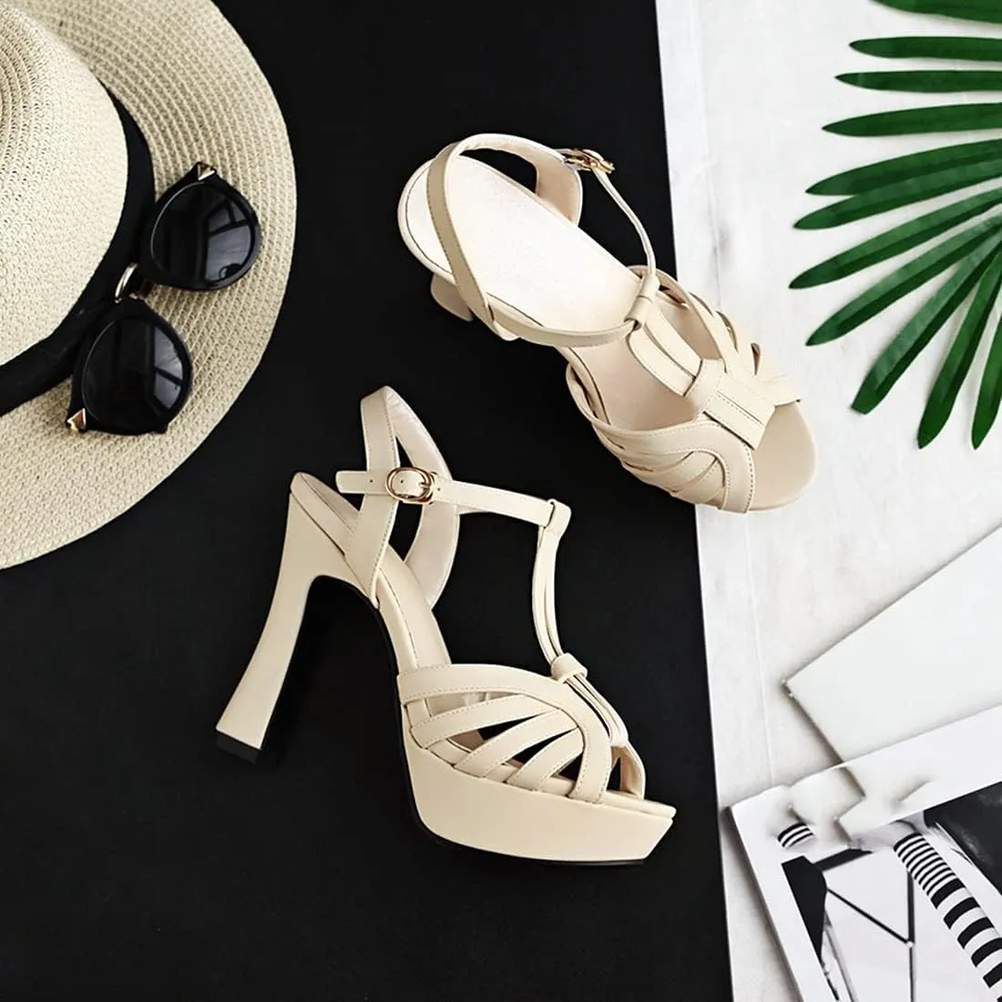 VOKLIN MISTU Women's Fashion T-strap Peep Toe Platform High Heel Sandals Party Evening Pump Dressy Heeled Sandal