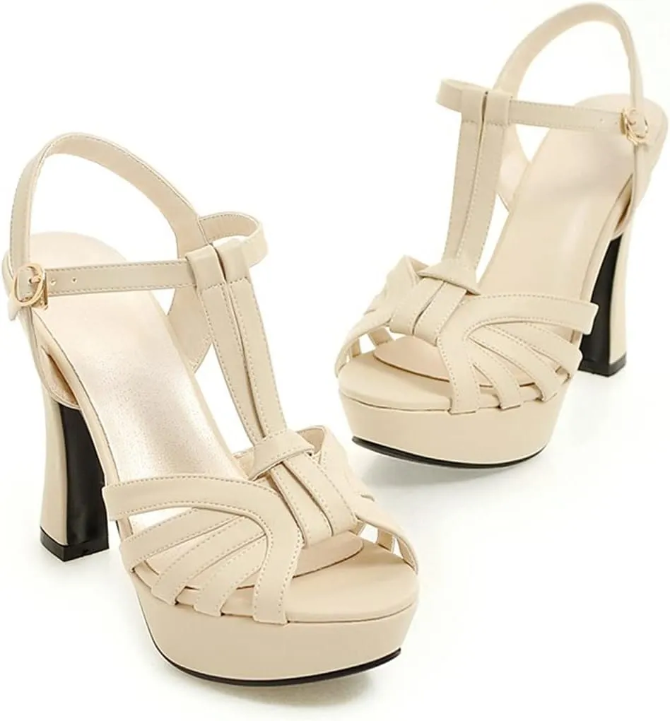 VOKLIN MISTU Women's Fashion T-strap Peep Toe Platform High Heel Sandals Party Evening Pump Dressy Heeled Sandal