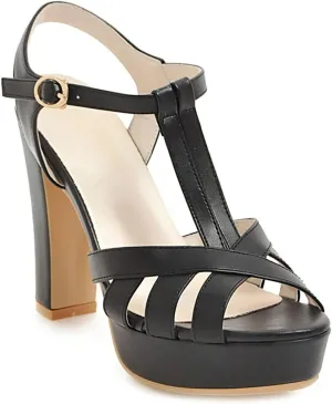 VOKLIN MISTU Women's Fashion T-strap Peep Toe Platform High Heel Sandals Party Evening Pump Dressy Heeled Sandal
