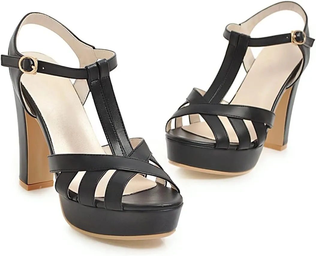 VOKLIN MISTU Women's Fashion T-strap Peep Toe Platform High Heel Sandals Party Evening Pump Dressy Heeled Sandal