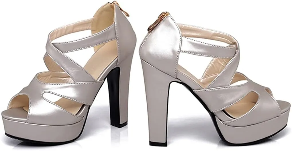 VOKLIN MISTU Women's Peep Toe Platform Block High Heel Sandals Cross Strappy Back Zipper Pump Dressy Heeled Sandal