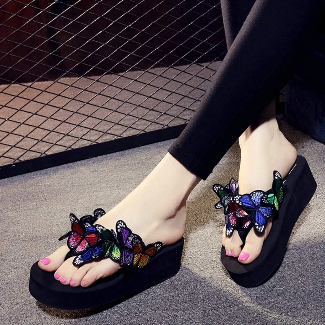 VOKLIN Women's Bohemian Butterfly Platform High Heel Flip Flops Anti-Slip Summer Beach Thong Wedge Sandals