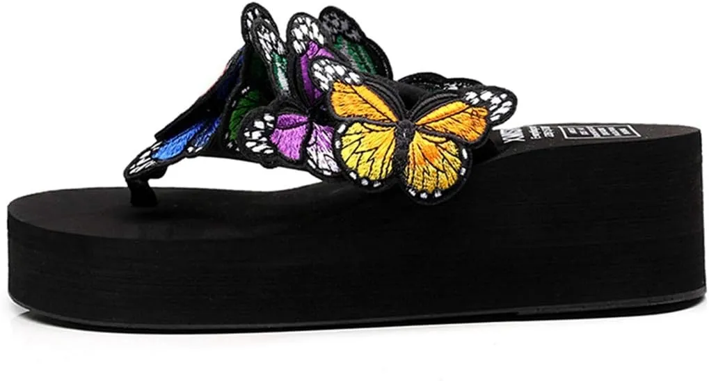 VOKLIN Women's Bohemian Butterfly Platform High Heel Flip Flops Anti-Slip Summer Beach Thong Wedge Sandals