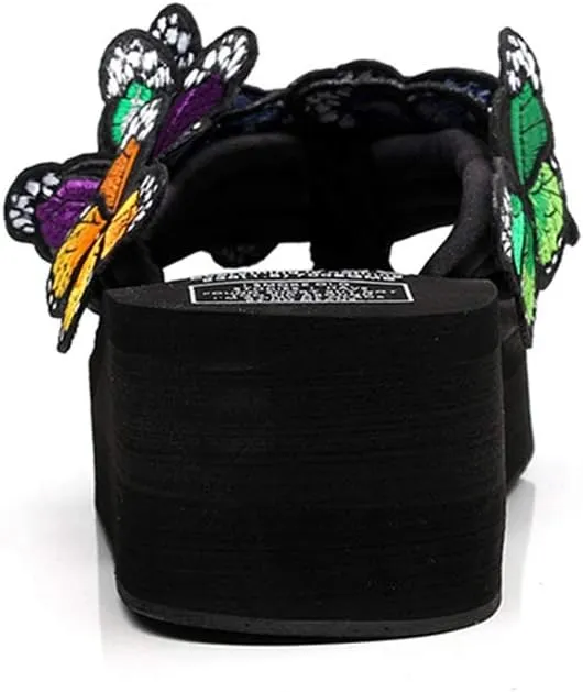 VOKLIN Women's Bohemian Butterfly Platform High Heel Flip Flops Anti-Slip Summer Beach Thong Wedge Sandals